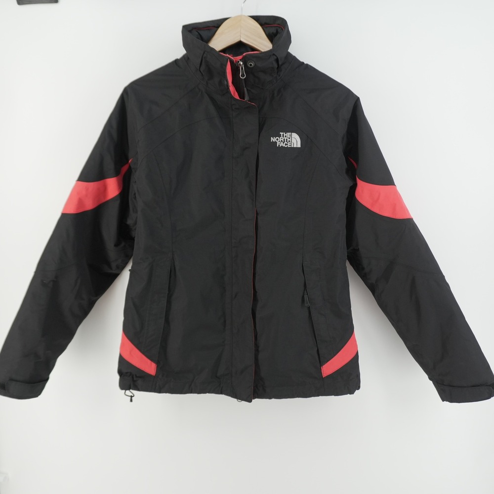 The North Face HyVent Ski Jacket Women Small Black Red Hooded Insulated Coat VTG